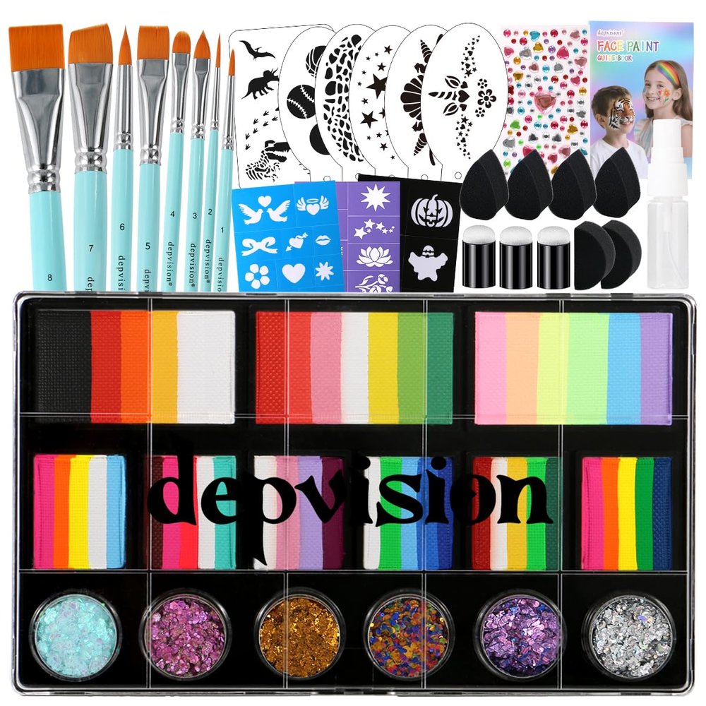 Professional Face Painting Kit Split Cake Face Paint Palette with Glitter Gel One Stroke Non Toxic with Stencils, Pro Face Paint Brushes Sponges for Halloween, Christmas gift, Party