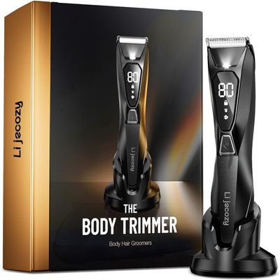 Lijecozy Body Hair Trimmer for Men - Pubic Hair Trimmer for Man - Electric Ball Shaver with Display & Light - Waterproof Wet/Dry Groomer kit for Groin - Wireless Charging - Ceramic Blade with 3 Comb