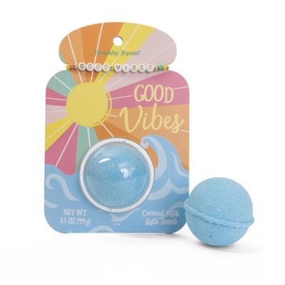 CAIT + CO "Good Vibes Bath Bomb & Friendship Bracelet Gift Set Coconut Milk Scented Blue Bath Fizzle (3.5 oz) with Beaded GOOD VIBES Bracelet - Relaxing & Positive Gift for Friends, Teens, Women