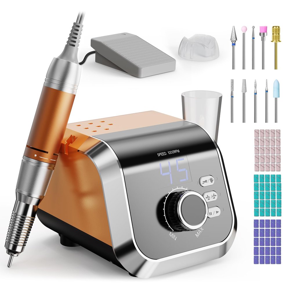 HOMEASY Professional Nail Drill with Foot Pedal, Nail E File 45000 RPM Speed, Electric Nail Filer for Acrylic Nails, F/R Rotation, 65W Power, Quite Nail Drill Machine for Women Orange