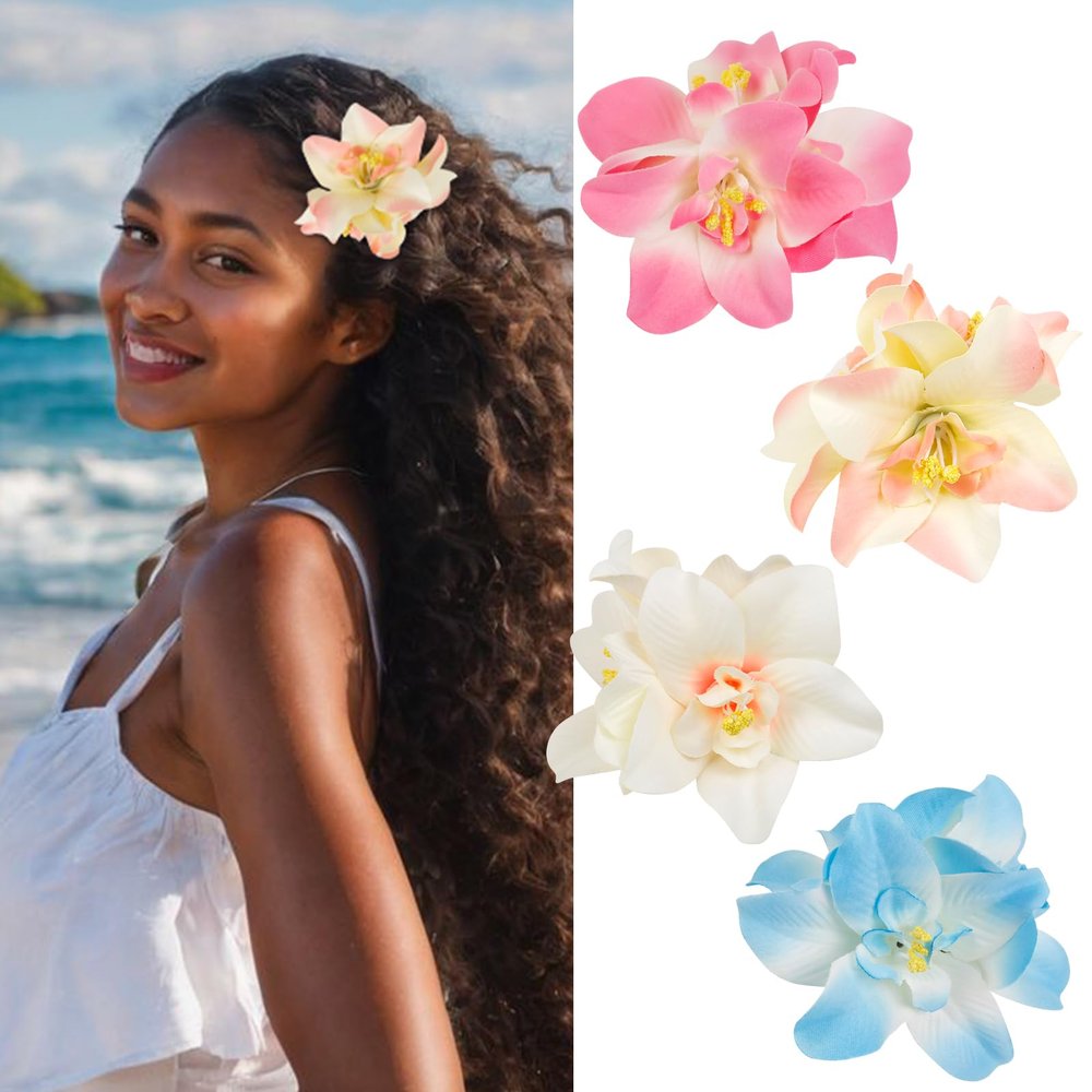 10 Pcs Hawaiian Flower Hair Clips for Women, 6 Plastic Hair Claw Clips With 4 Artificial Flower Clips Hair Accessories for Vacation Party Beach Accessories