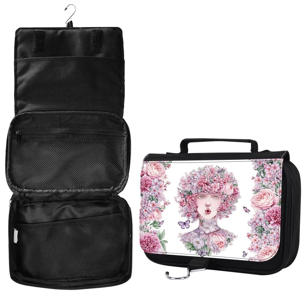 AIRWEE Hanging Toiletry Bag for Women, Large Travel Toiletry Organizer with Hook, Waterproof Cute Makeup Pouch with Compartments, Foldable Cosmetic Bag for Bathroom, Suitcase, Trip, Floral Girl