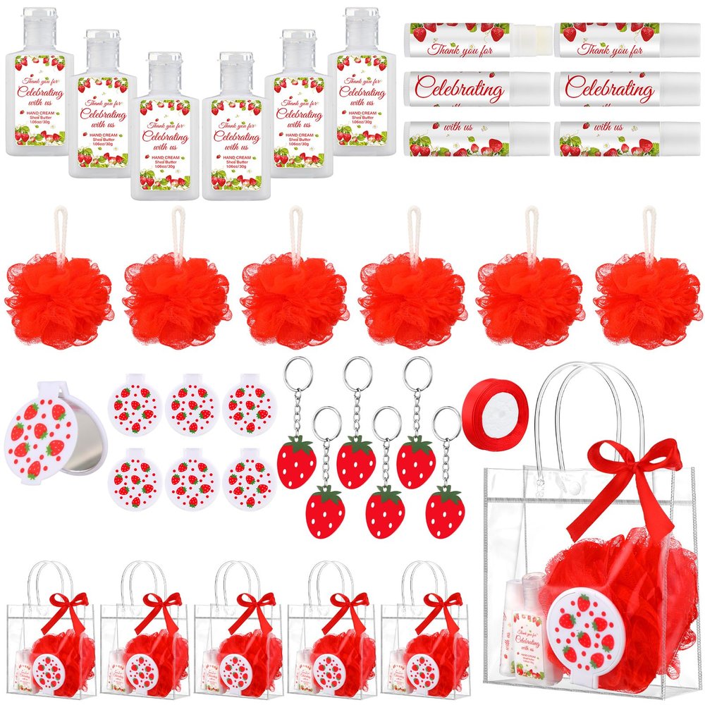 6 Set Strawberry First Birthday Gift Berry 1st Birthday Gift Strawberry Baby Shower Game Prize Favors Gifts Lip Balms Hand Cream Keyring Bath Ball and Bags Thanks You for Celebrating with Us