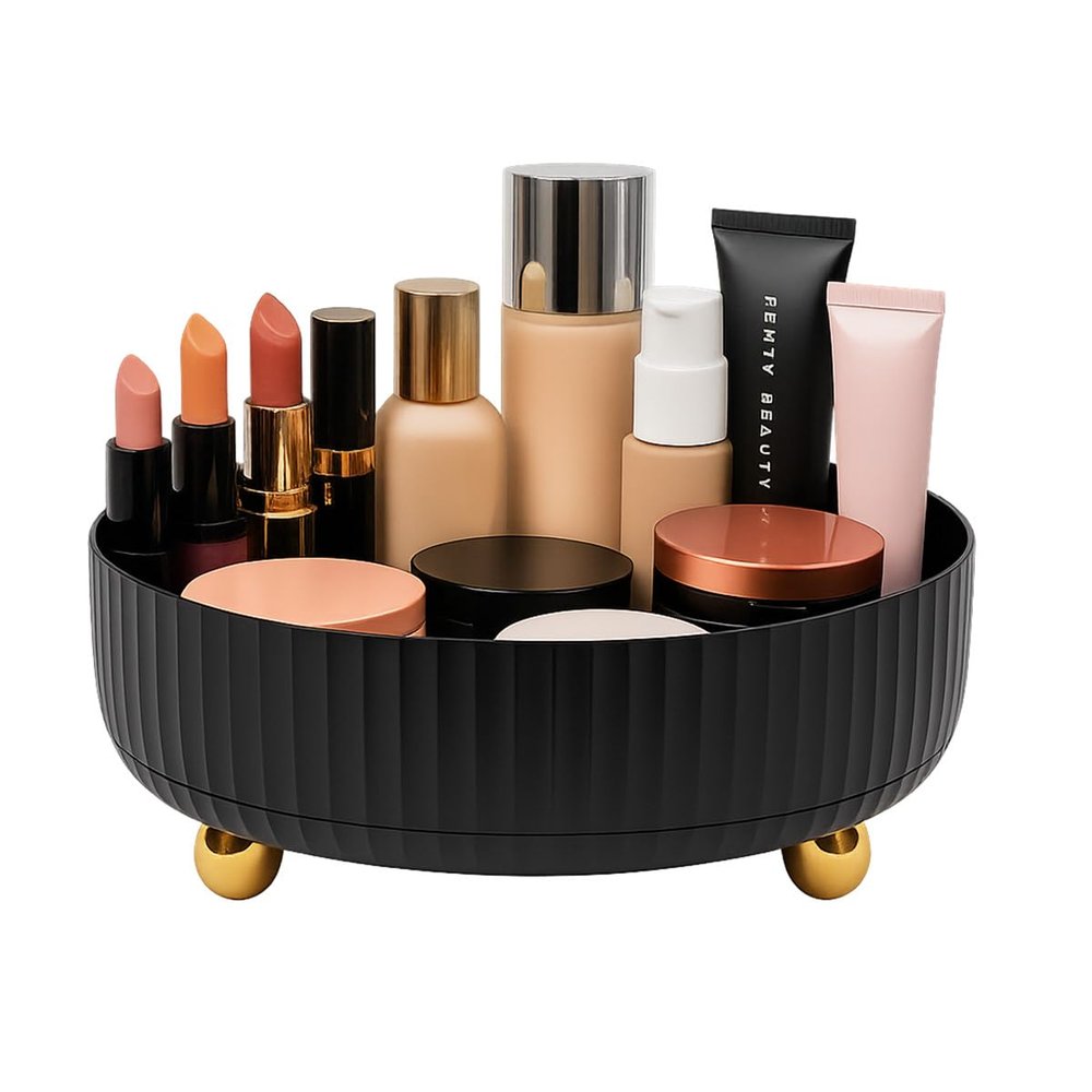 360 Rotating Makeup and Skincare Organizer Tray  Black Bathroom Countertop Organizer Premium Cosmetic Vanity Organizer for Perfume, Lotions, Makeup Brush Holder, and Beauty Storage for Women & Teens