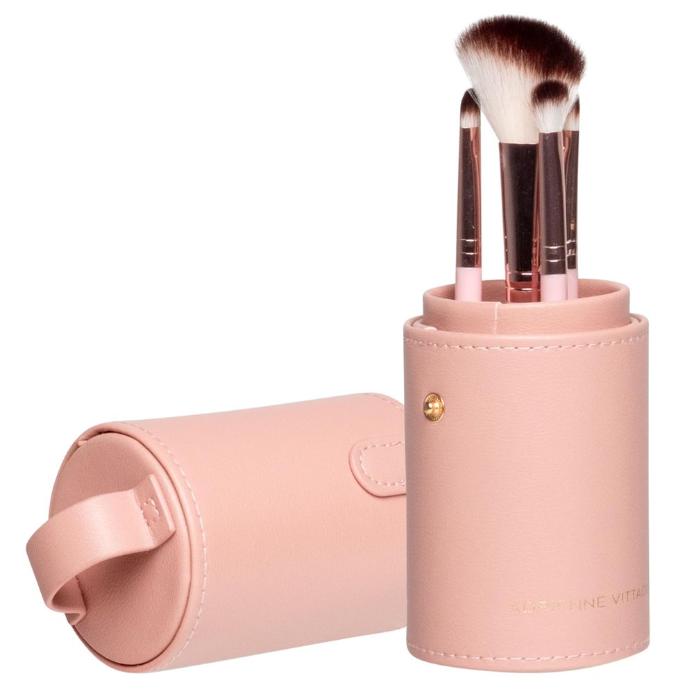 Adrienne Vittadini Travel Case with 4 Makeup Brushes (Solid Pink)