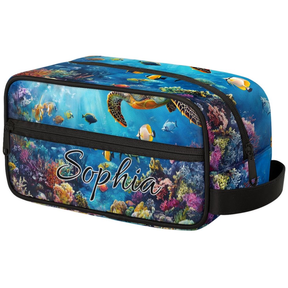 Joyousleap Sea Turtle Personalized Toiletry Bag for Women Men, Custom Name Blue Ocean Beach Coastal Turtle Hanging Cosmetic Bag Makeup Case Travel Portable Pouch