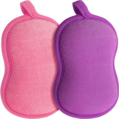 2Pcs Baby Bath Sponge Shower Sponge Soft Absorbent Exfoliating Wash Soap Kids Loofah Gentleness Comfort Bathing Tool for Infants Men Women Body All Skin Type (Purple; Pink)