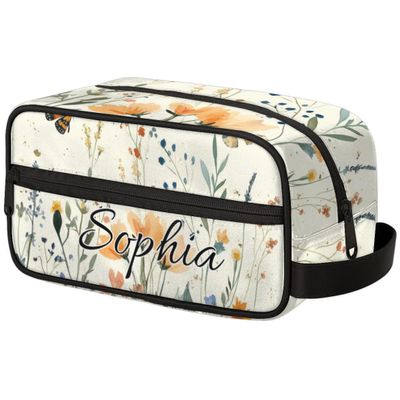 Joyousleap Spring Wildflowers Butterfly Personalized Toiletry Bag for Women Men, Custom Name Flower Plant Hanging Cosmetic Bag Makeup Case Travel Portable Pouch