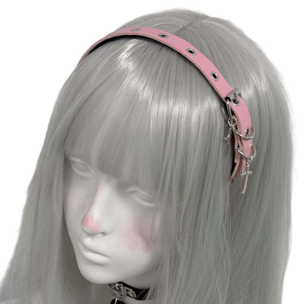 ZONEBEST Hairband,Punk Grommet Crosses Design Leather Headband For Women Daily Use Cosplay 2000s Fashion