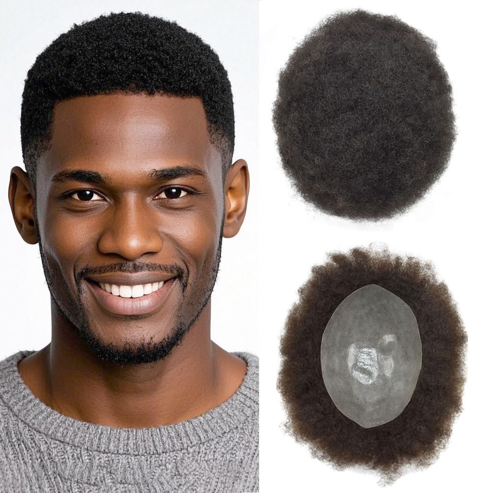 2MM Curly Toupee for Men Afro Curl Human Hair Units Black Coily Hair Replacement Full Poly Male Afro Hair System (#1B Natural Black, 2MM Afro Curl)