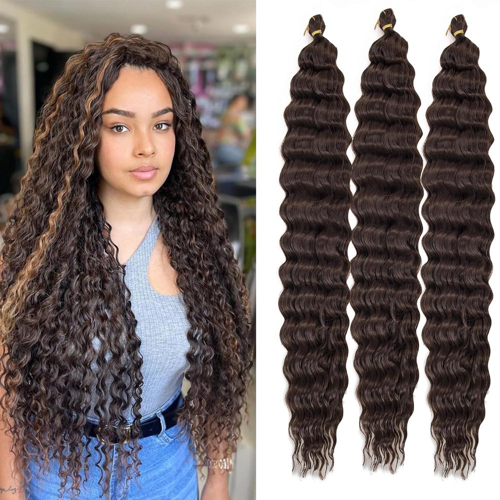 RuiFei Ocean Wave Crochet Hair Extensions 30% Human Hair Mixed Deep Wave Braiding Crochet Hair 3 Packs Synthetic Soft Curly Braiding Crochet for Black Women 4# 24 Inch