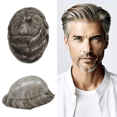 Healthlif Toupee For Men Human Hair Replcement System For Mens Toupee Hair Piece PU Skin Men's Toupee Hairpieces 6X8#260#2 Darkest Brown+60% Grey