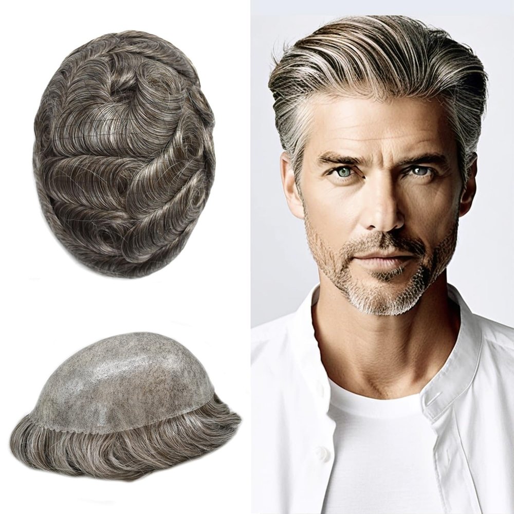Healthlif Toupee For Men Human Hair Replcement System For Mens Toupee Hair Piece PU Skin Men's Toupee Hairpieces 6X8#260#2 Darkest Brown+60% Grey
