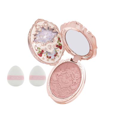 Flower Knows Strawberry Rococo Embossed Blush & Powder Puffs Set,Pink Matte Finish,Buildable & Blendable Makeup Blush for cheeks,Soft & Long-lasting for Girls & Women(01 Angel Chanson)