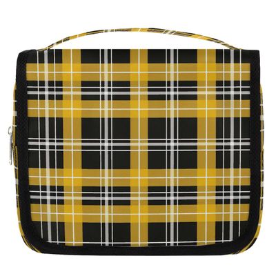 Tangopi Travel Hanging Toiletry Bag for Women Men Yellow Black Plaid Large Makeup Organizer Portable Cosmetic Pouch Waterproof Bathroom Wash Bag