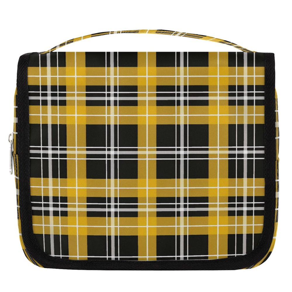 Tangopi Travel Hanging Toiletry Bag for Women Men Yellow Black Plaid Large Makeup Organizer Portable Cosmetic Pouch Waterproof Bathroom Wash Bag