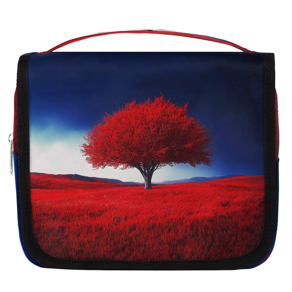 Tangopi Travel Hanging Toiletry Bag for Women Men Red Tree Art Large Makeup Organizer Portable Cosmetic Pouch Waterproof Bathroom Wash Bag