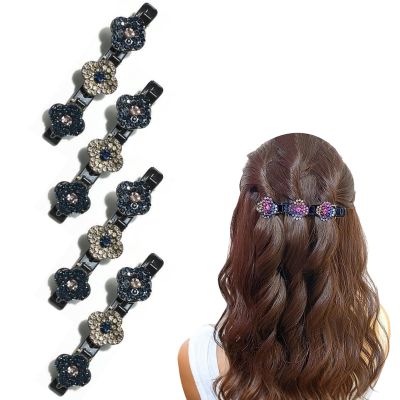 4PCS Sparkling Crystal Stone Braided Hair Clips, Braided Hair Clips for Women, Double Layer Metal Hair Accessories for Styling Braids and Updos (B-Ink Blue Gray)