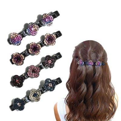 4PCS Sparkling Crystal Stone Braided Hair Clips, Braided Hair Clips for Women, Double Layer Metal Hair Accessories for Styling Braids and Updos (E-Mixed Load)