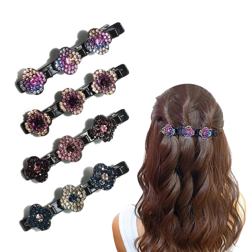 4PCS Sparkling Crystal Stone Braided Hair Clips, Braided Hair Clips for Women, Double Layer Metal Hair Accessories for Styling Braids and Updos (E-Mixed Load)