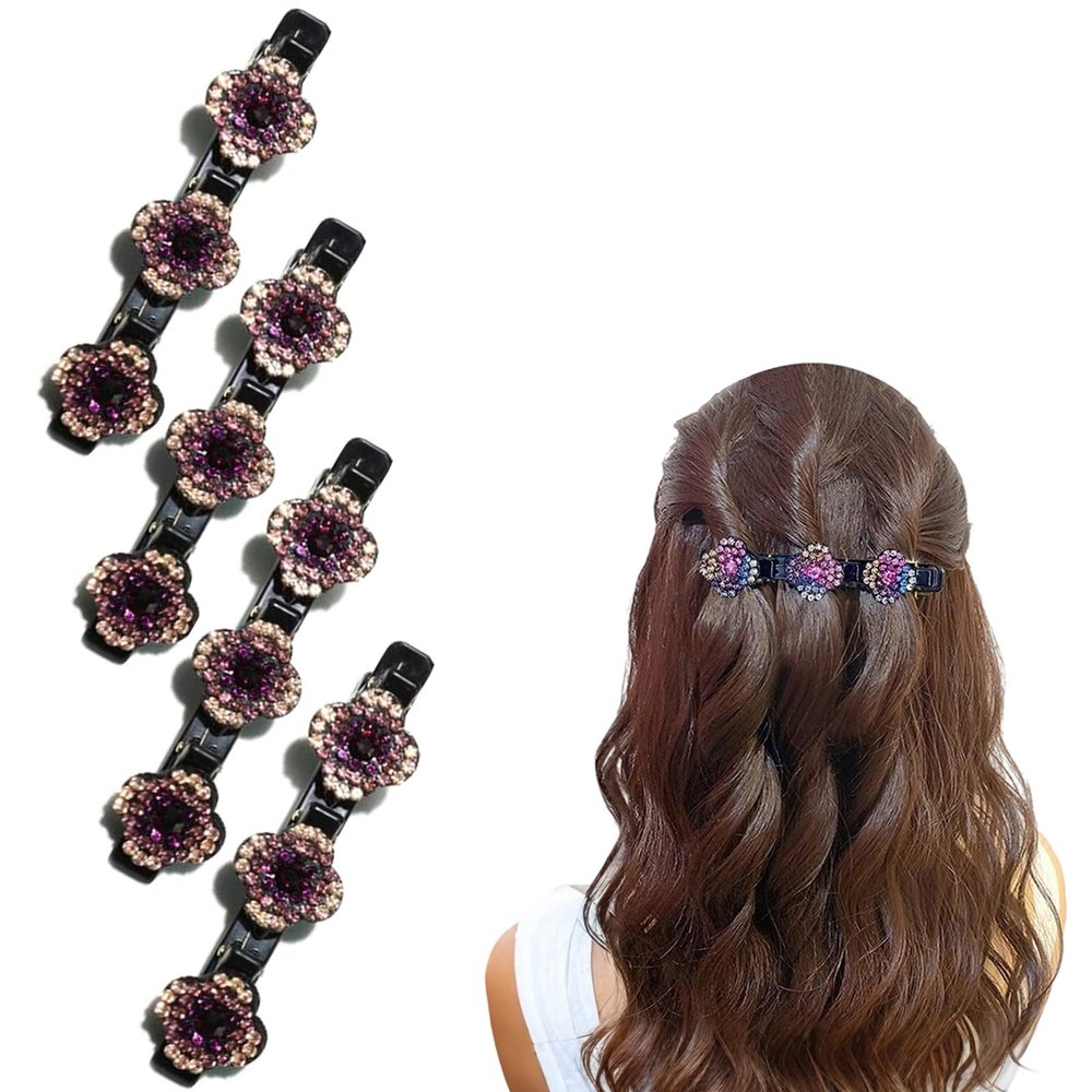 4PCS Sparkling Crystal Stone Braided Hair Clips, Braided Hair Clips for Women, Double Layer Metal Hair Accessories for Styling Braids and Updos (A-Champagne)