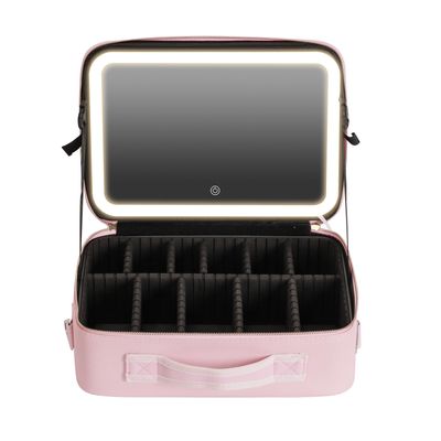 Travel Makeup Bag with Led Mirror Small & Large, Travel Cosmetic Case, Waterproof Cosmetic Bag for Women with Adjustable Dividers Rechargeable 3-Mode Dimmable Lighting, Pink, L, modernity