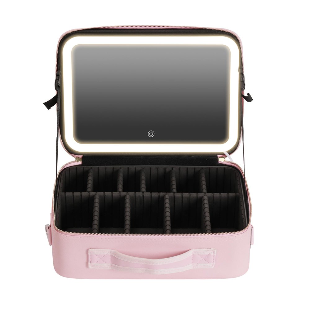 Travel Makeup Bag with Led Mirror Small & Large, Travel Cosmetic Case, Waterproof Cosmetic Bag for Women with Adjustable Dividers Rechargeable 3-Mode Dimmable Lighting, Pink, L, modernity