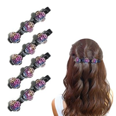 4PCS Sparkling Crystal Stone Braided Hair Clips, Braided Hair Clips for Women, Double Layer Metal Hair Accessories for Styling Braids and Updos (D-Multicolor)