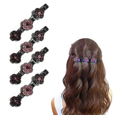 4PCS Sparkling Crystal Stone Braided Hair Clips, Braided Hair Clips for Women, Double Layer Metal Hair Accessories for Styling Braids and Updos (C-Deep Purple)