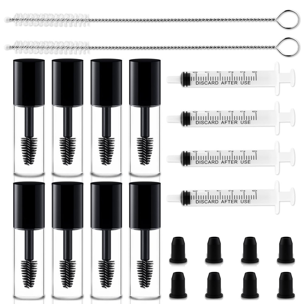 8 Pack 3ml Empty Mascara Tube with Eyelash Wand & 4pcs 3ml Syringes  Reusable and Refillable Eyelash Serum Containers for Lash Extensions, Glue, Cream  Includes Rubber Stoppers & Cleaning Brushes