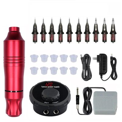 Tattoo Machine Kit Rotating Pen With Box Needle Tattoo Power Supply Permanent Makeup Machine Tattoo Supplies(Red Tattoo Kit)
