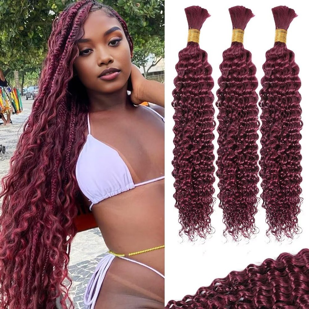 100g 3 bundles 99j Red Burgundy Human Braiding Hair 18 Inch Deep Water Wave Bulk Human Hair for Braiding No Weft 12A Brazilian Virgin Curly Human Hair Extensions for Boho Braids