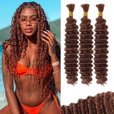 100g 3 bundles Brown Human Braiding Hair Deep Water Wave Bulk 24 Inch Color 30 Curly for Boho Braids Extensions No Weft 3 Braids Per Pack Wet and Wavy