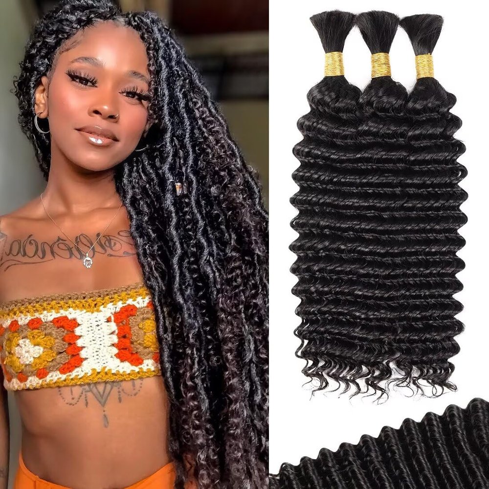 100g 3 bundles Human Braiding Hair for Boho Braids 16 Inch Curly Boho Hair for Braiding Knotless 12A Deep Wave Bulk Bohemian Natural Black