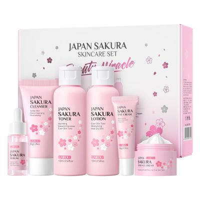 LAIKOU Skin Care Set, Facial Skin Care Products, Skin Care Kit with Sakura Serum, Cleanser, Toner, Lotion, Eye Cream, Essence Cream 6pcs for Women Teen Girls Mom Daughter Lover Mother's Day Christmas