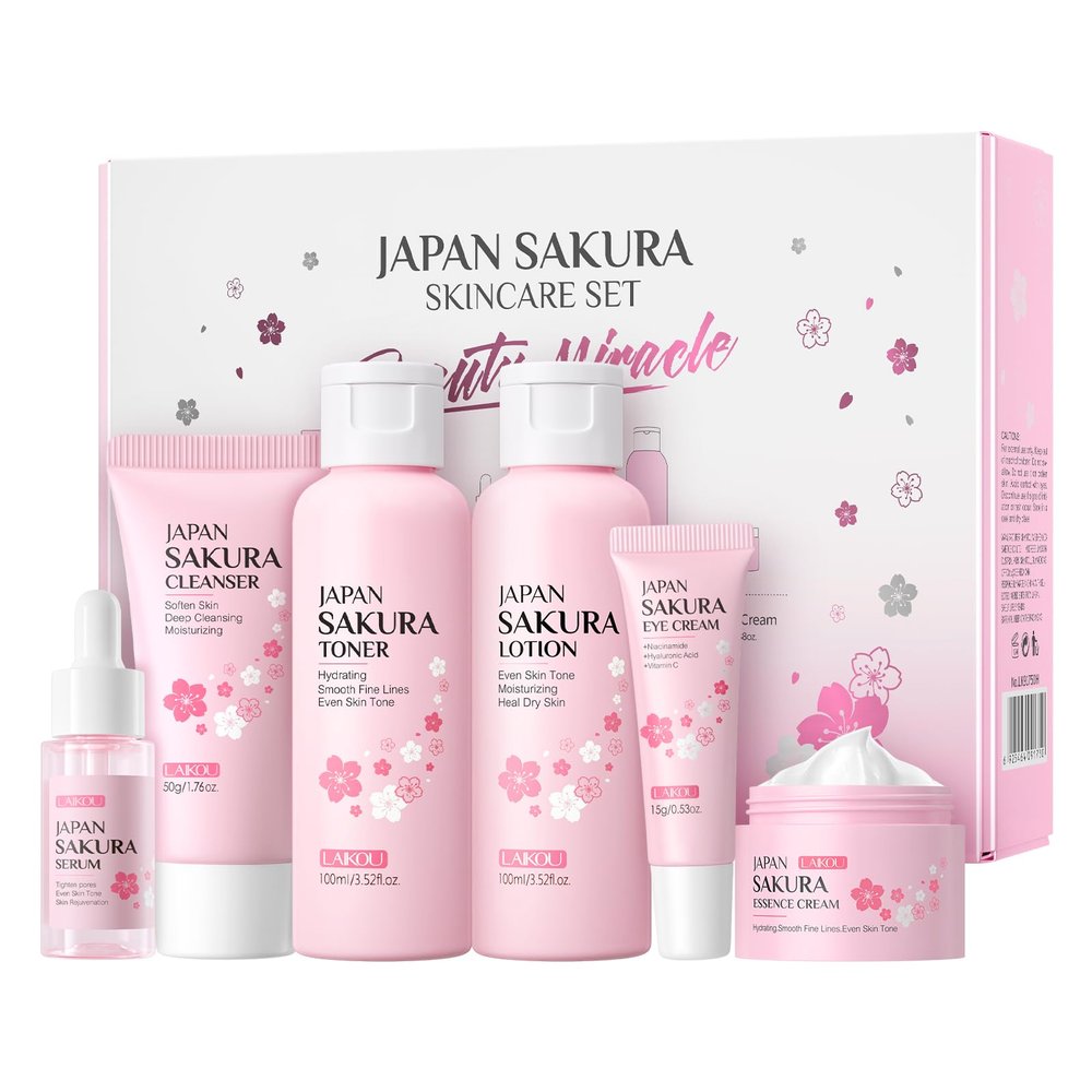 LAIKOU Skin Care Set, Facial Skin Care Products, Skin Care Kit with Sakura Serum, Cleanser, Toner, Lotion, Eye Cream, Essence Cream 6pcs for Women Teen Girls Mom Daughter Lover Mother's Day Christmas