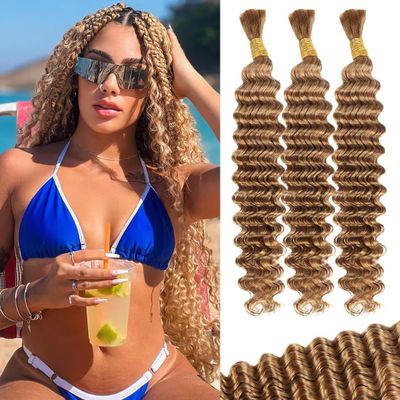 100g 3 bundles Blonde Human Braiding Hair 22 Inch Deep Water Wave Bulk Human Hair for Braiding Brazilian Virgin Curly Hair Extensions for Boho Braids Wet and Wavy Color 27 Honey Blonde
