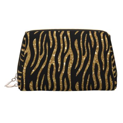 GOAYETN Gold Black Zebra Print Makeup Bag For Woman Leather Cosmetic Case Toiletry Bag Travel Portable Make Up Organizer
