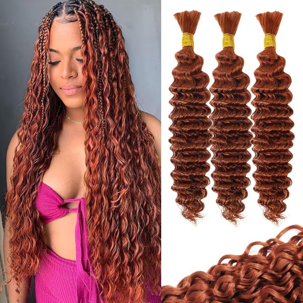 100g 3 bundles 350 Human Braiding Hair 22 Inch Dark Ginger Braiding Hair Copper Braiding Hair Extensions Deep Water Wave Bulk Human Hair for Braiding