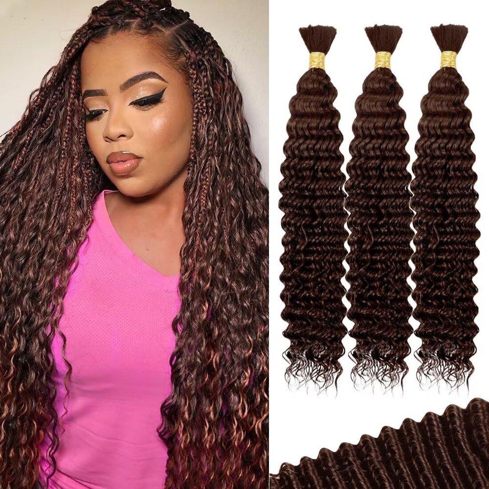 100g 3 bundles Chocolate Brown Human Braiding Hair - Deep Water Wave 22 Inch, Color4, Curly, Boho Braids, No Weft, 3 Braids Per Pack, Wet and Wavy