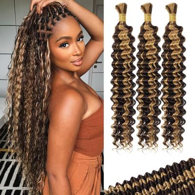 100g 3 bundles Human Braiding Hair Deep Water Wave Bulk 16 Inch P4/27 Curly for Boho Braids Extensions No Weft 3 Braids Per Pack Wet and Wavy Highlight