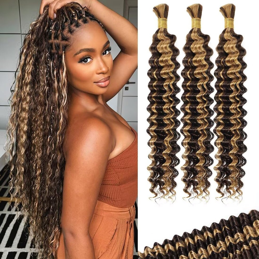 100g 3 bundles Human Braiding Hair Deep Water Wave Bulk 16 Inch P4/27 Curly for Boho Braids Extensions No Weft 3 Braids Per Pack Wet and Wavy Highlight