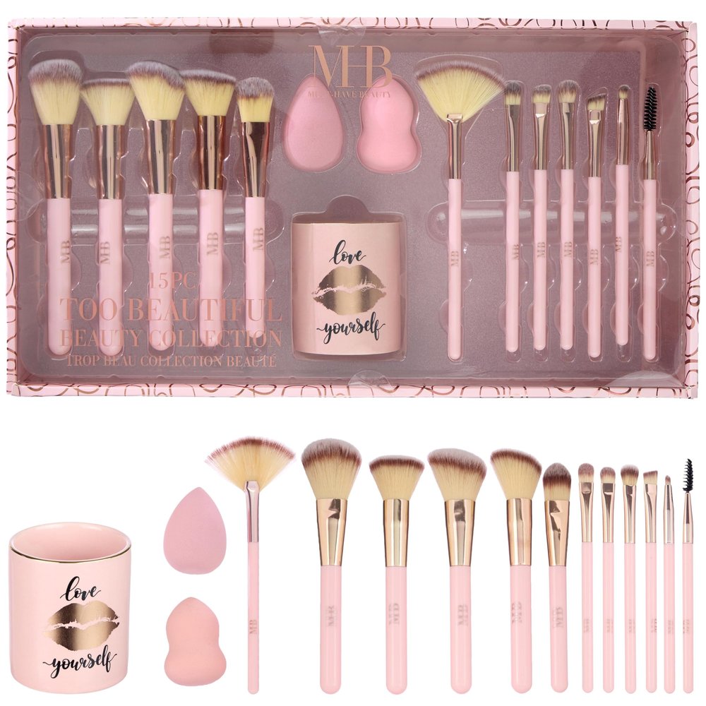 15pc Beauty Set - Beautiful Brush Collection Blenders Spoolie Storage Tumbler Professional Cosmetic Tools Application Face Eye Kit
