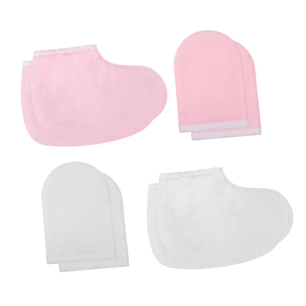 DEARMAMY Beauty Gloves Set 4 Pairs of Moisturizing Foot Covers for Personal Spa Protective Pink and White Gloves for Foot Care for Dry Skin Treatment