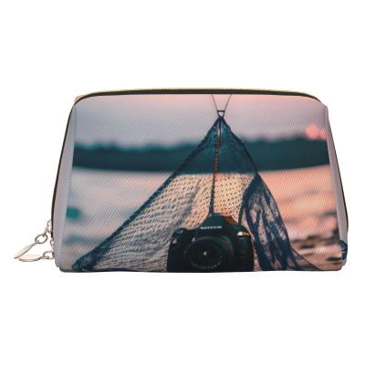 Gold Leather Makeup Bag Starfish Fishing Nets Print Travel Cosmetic Bags with Handle, Divider, Zipper, Portable Personal Toiletries