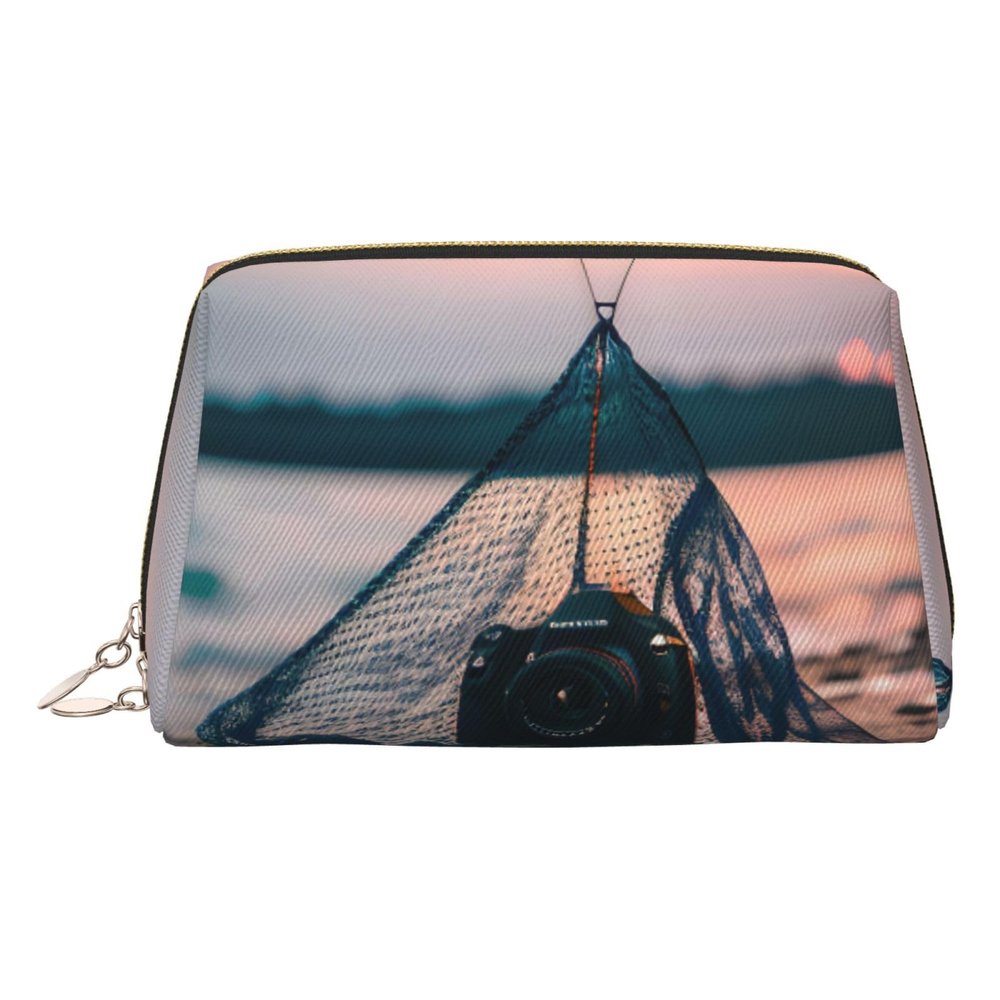 Gold Leather Makeup Bag Starfish Fishing Nets Print Travel Cosmetic Bags with Handle, Divider, Zipper, Portable Personal Toiletries