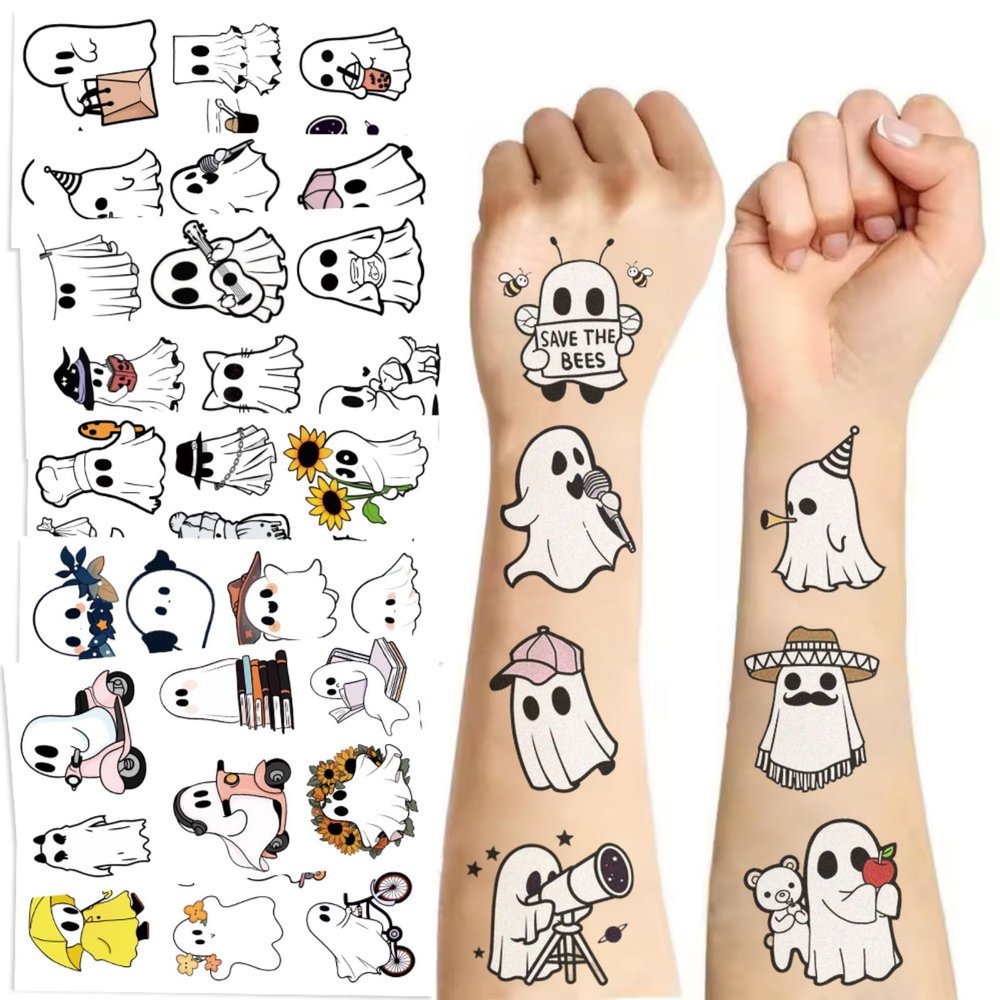 10 Sheets Halloween Ghost Temporary Tattoos for Kids, Horror Halloween Decoration Sticker Gifts for Girl Boys Home Activity Class Prizes Carnival Rewards (Ghost)