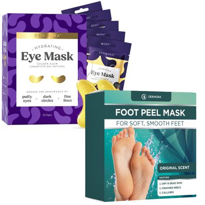 DERMORA Golden Glow Under Eye Patches 15 Pairs and Original Foot Peel Masks 2 Pack