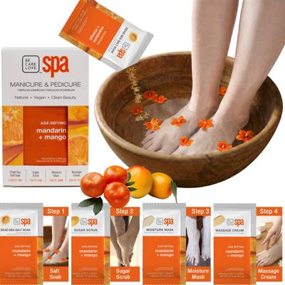 BCL Spa Mandarin + Mango Professional Pedicure Kit Foot Spa Set  Exfoliate, Hydrate & Refresh Skin | Dead Sea Salt Soak, Sugar Scrub, Moisture Mask & Massage Cream | Professional & Home Uses