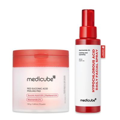 medicube Swipe & Spray Red duo for Troubled Skin: Red Succinic Acid Panthenol Facial Peeling Pads and Power Soothing Spray